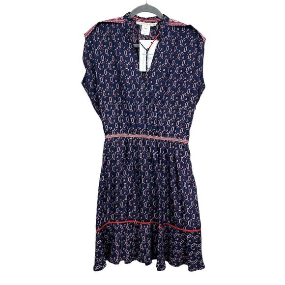 Veronica Beard Silk‎ Dress VNeck Cap Sleeve Ruffled Hem Purple Geo Print Women 3 - Picture 1 of 6